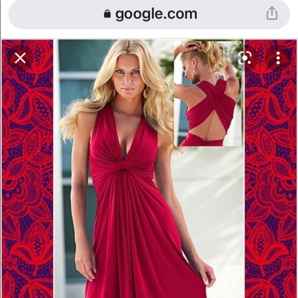 Red low cut backless mid length cocktail dress.